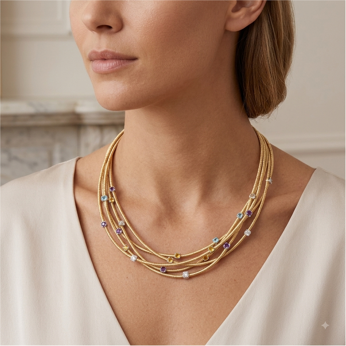 Italian Multilayer 3 3/5CTW Gemstone Necklace for Women |16/18" Adjustable |Topaz, Amethyst, Citrine & Lab-Grown Diamond |14K Gold-Plated