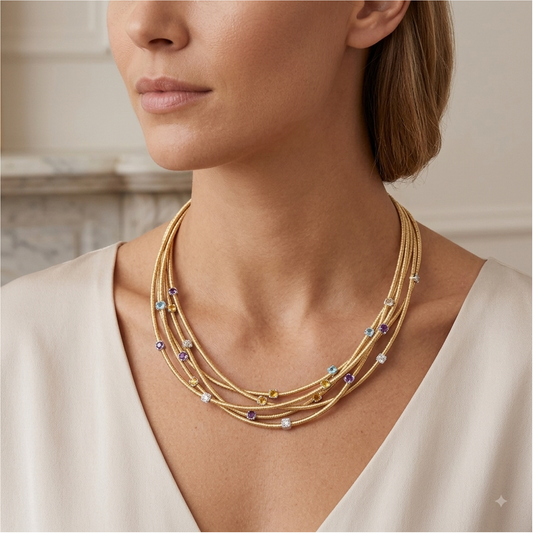 Italian Multilayer 3 3/5CTW Gemstone Necklace for Women |16/18" Adjustable |Topaz, Amethyst, Citrine & Lab-Grown Diamond |14K Gold-Plated