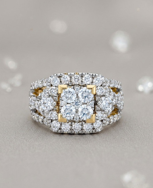 Engagement Ring, 2 1/5 CTW Cushion Cluster Moissanite , 14K Gold Plated Silver, GIS Certified Jewelry