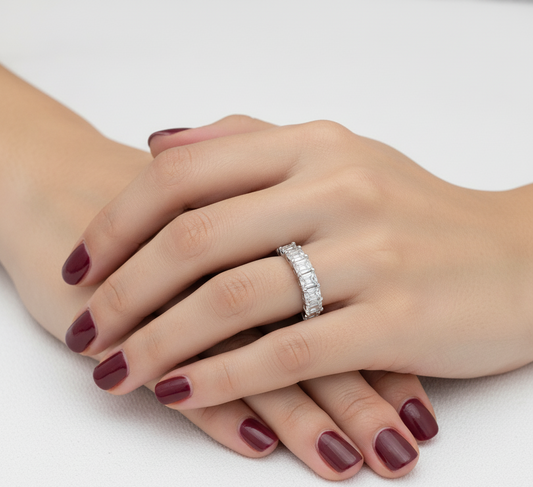 1 CTW Emerald Cut Lab Diamond Wedding Band 14K White Gold | 7-Stone Half Eternity Ring | Christmas Gift | US Size 7