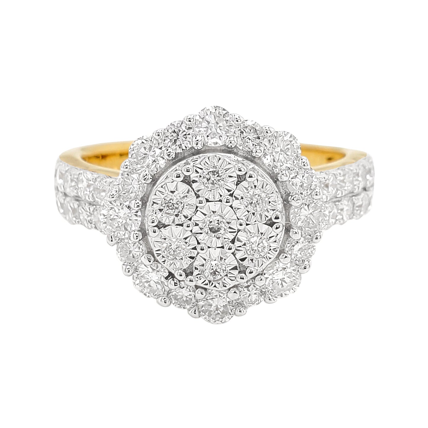 1CTW Round Shaped Cluster Engagement Ring with Real Moissanite in 14K Gold Plated Silver