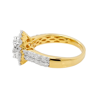 1CTW Round Shaped Cluster Engagement Ring with Real Moissanite in 14K Gold Plated Silver