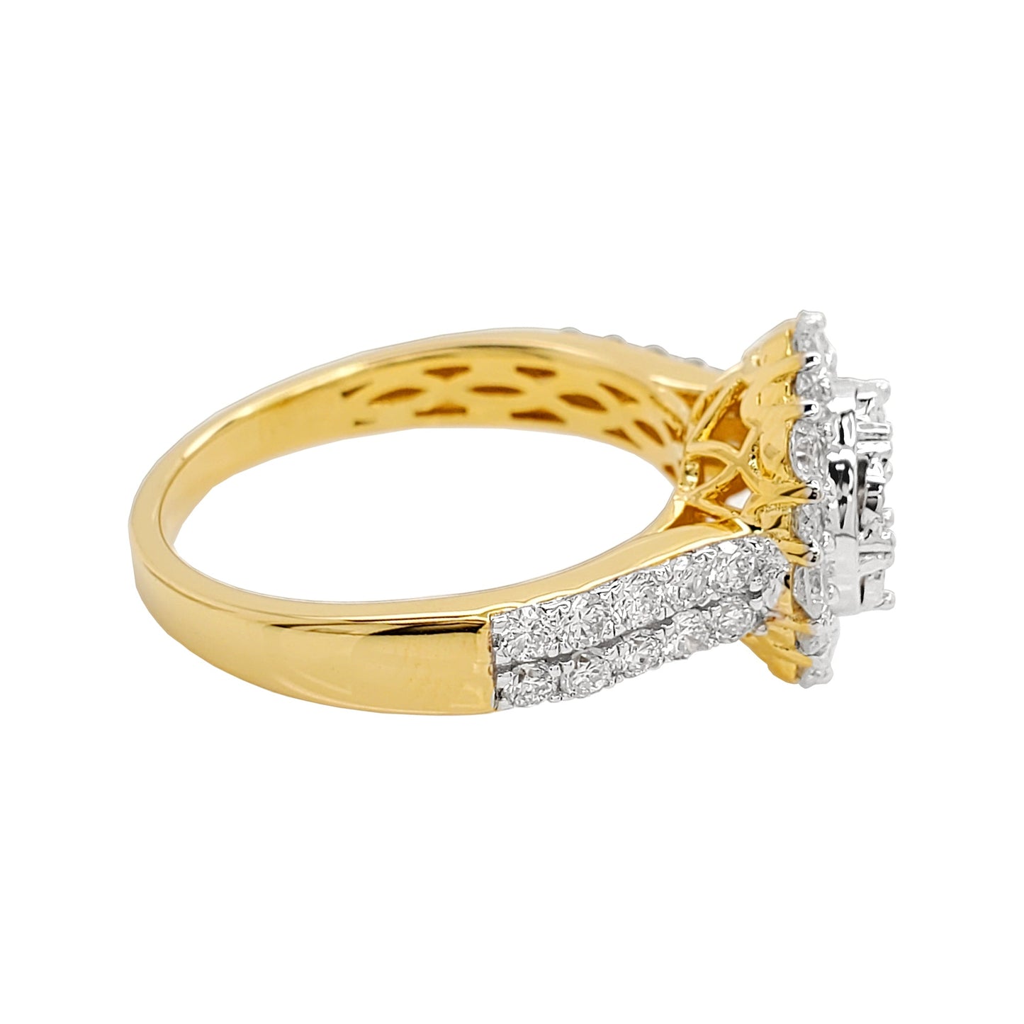 1CTW Round Shaped Cluster Engagement Ring with Real Moissanite in 14K Gold Plated Silver