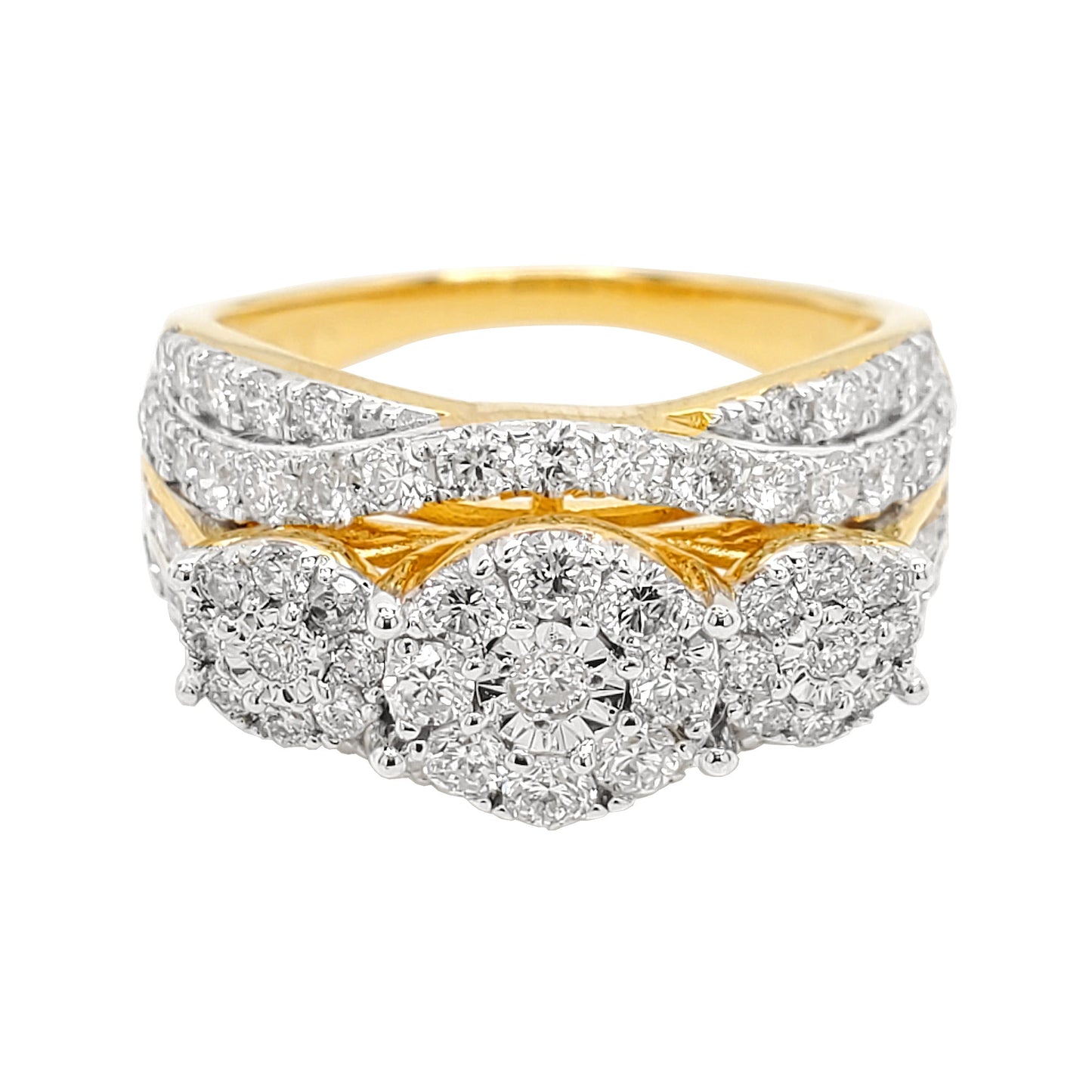 1 3/4CTW 3 Stone Diamond Cluster Wedding Band with Real Moissanite in 14K Gold Plated Silver