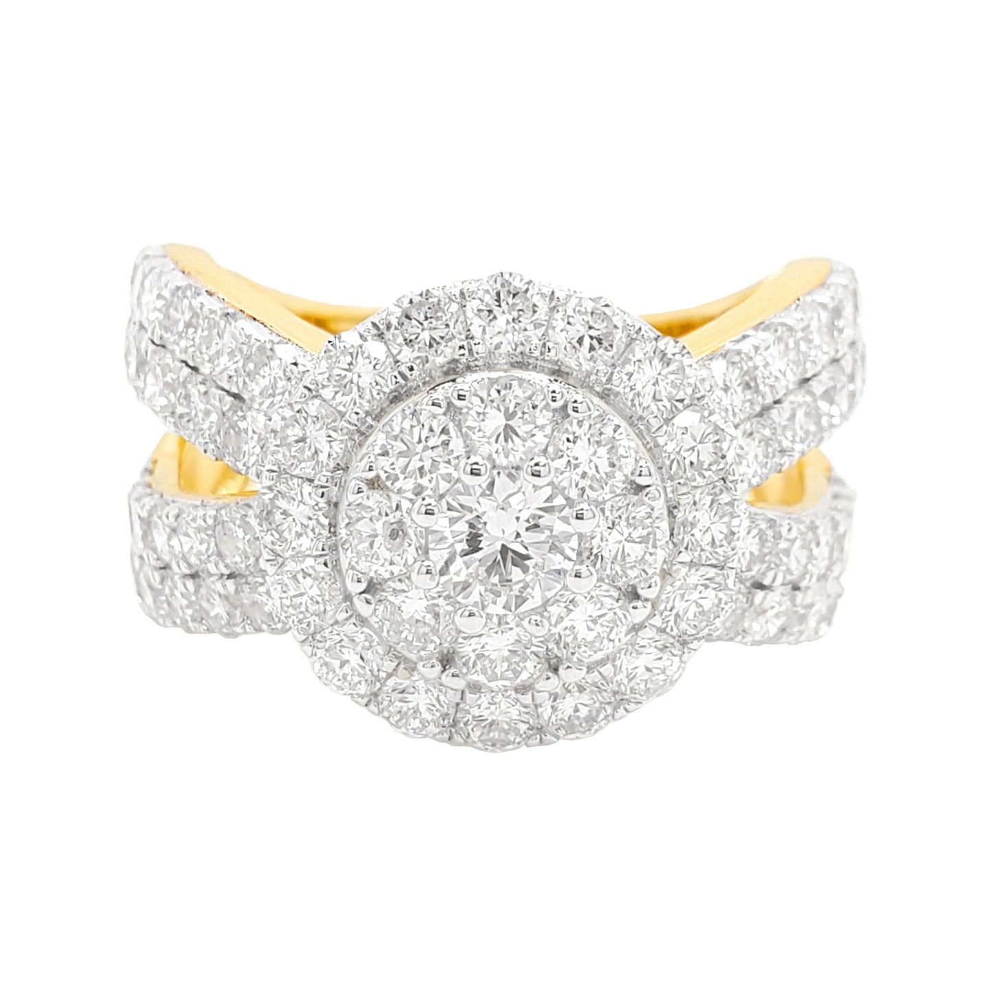 2 9/10CTW Round Cluster with Cross Band with F/VS Lab Created Diamonds in 14k Yellow Gold Plated Silver