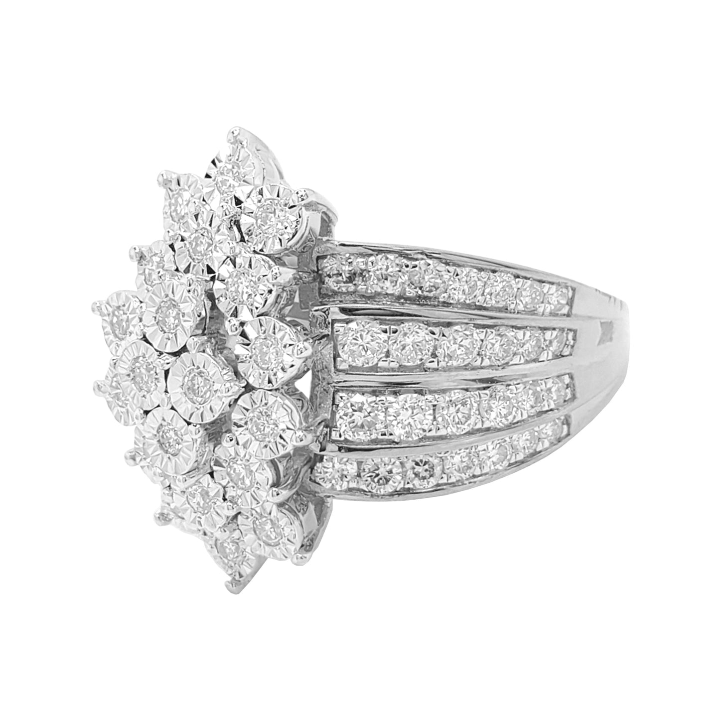 1 1/3CTW Cluster Bridal Ring with Illusion Set F/VVS Real Moissanite in 14K Gold Plated Silver