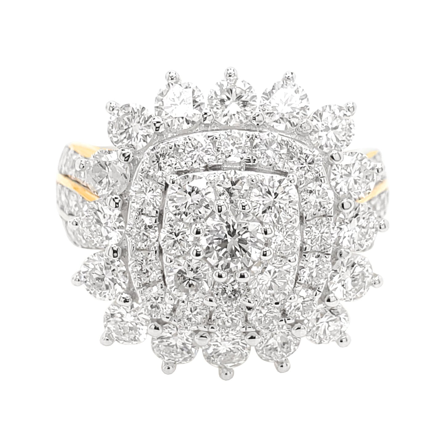 2 3/5CTW Cushion Cluster and Flower Halo Engagement Ring with Real Moissanite in 14K Gold Plated Silver