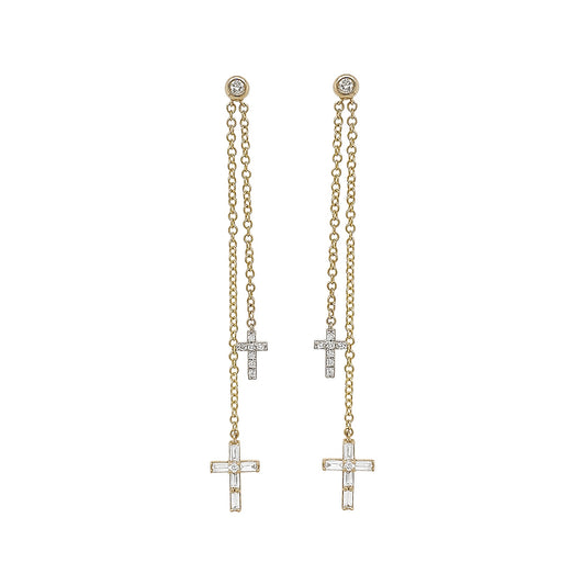 DOUBLE CROSS DANGLING CHAIN EARRINGS