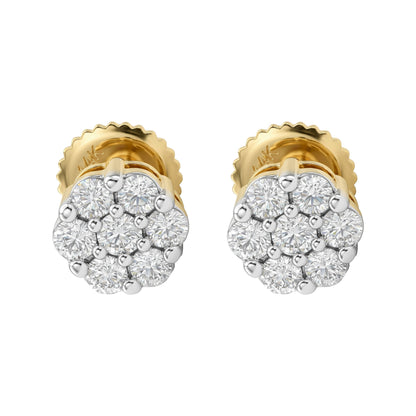 Lab Grown Diamond Cluster Stud Earrings, 14K Gold Plated Silver, Floral Round Cut