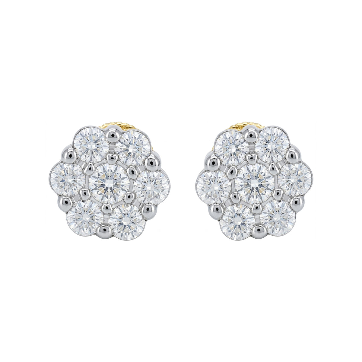 Lab Grown Diamond Cluster Stud Earrings, 14K Gold Plated Silver, Floral Round Cut