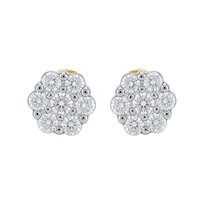Lab Grown Diamond Cluster Stud Earrings, 14K Gold Plated Silver, Floral Round Cut