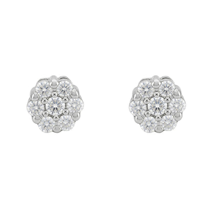 Lab Grown Diamond Cluster Stud Earrings, 14K Gold Plated Silver, Floral Round Cut