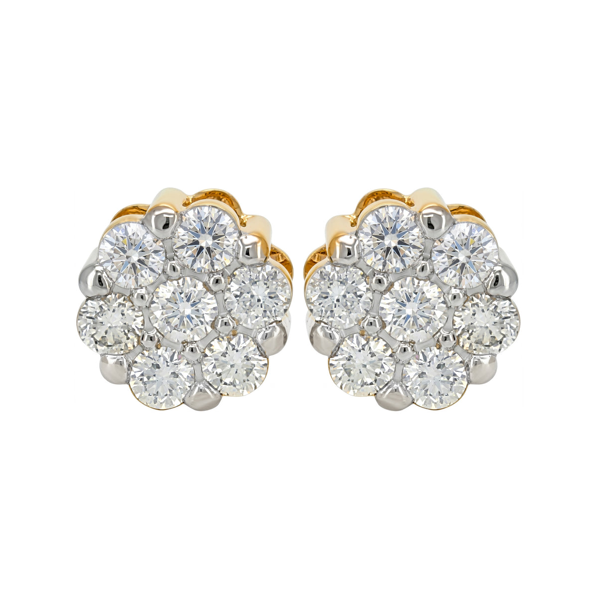 Lab Grown Diamond Cluster Stud Earrings, 14K Gold Plated Silver, Floral Round Cut