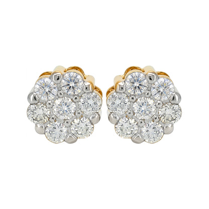 Lab Grown Diamond Cluster Stud Earrings, 14K Gold Plated Silver, Floral Round Cut