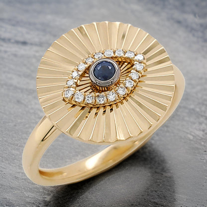 1/10CTW Evil Eye Blue Saphire Women Ring in 14K Gold Plated best for gifting all occasion | Available In Moissanite/Lab Grown Diamond