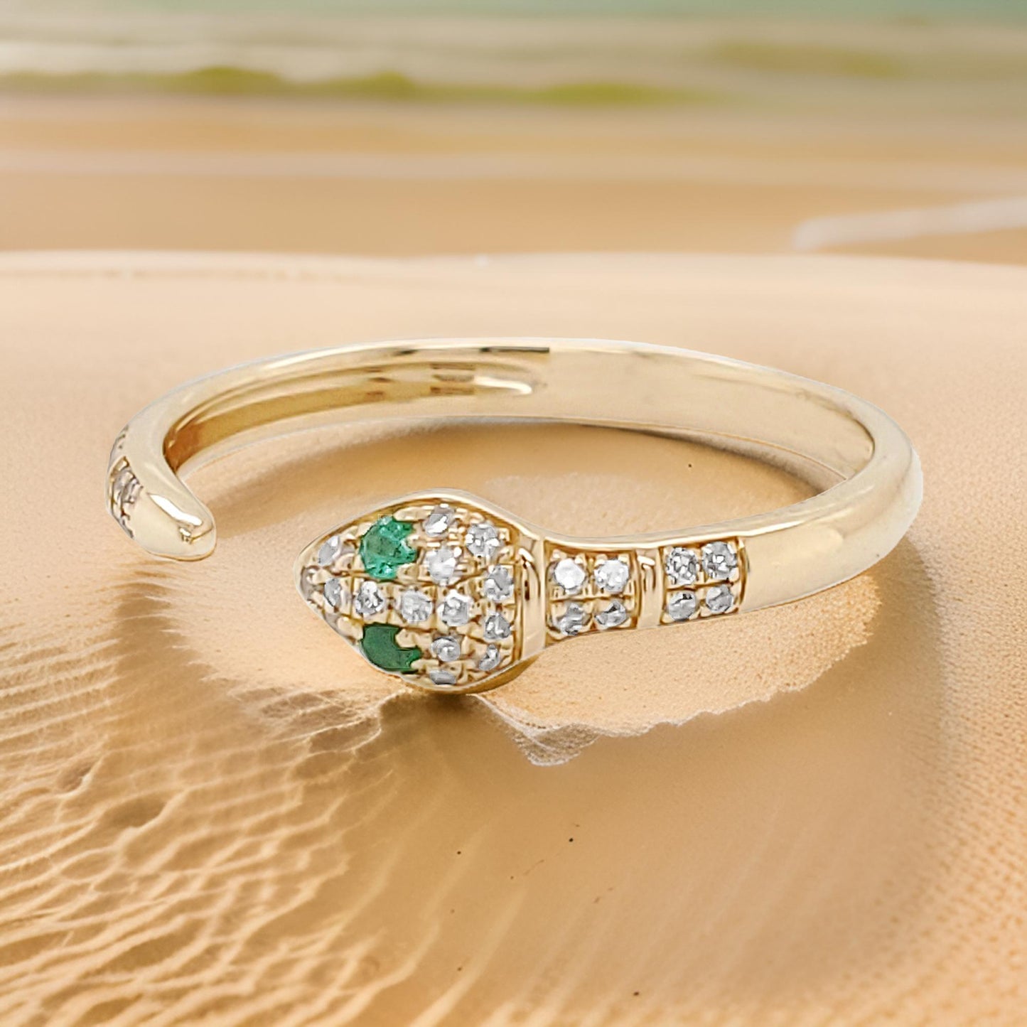 1/10CTW Snake Shape Open Ring with Green Emerald in 14KGold-Plated Silver Unique Party Wear|Perfect Gift for All Occasions |Ethnic Wear Ring