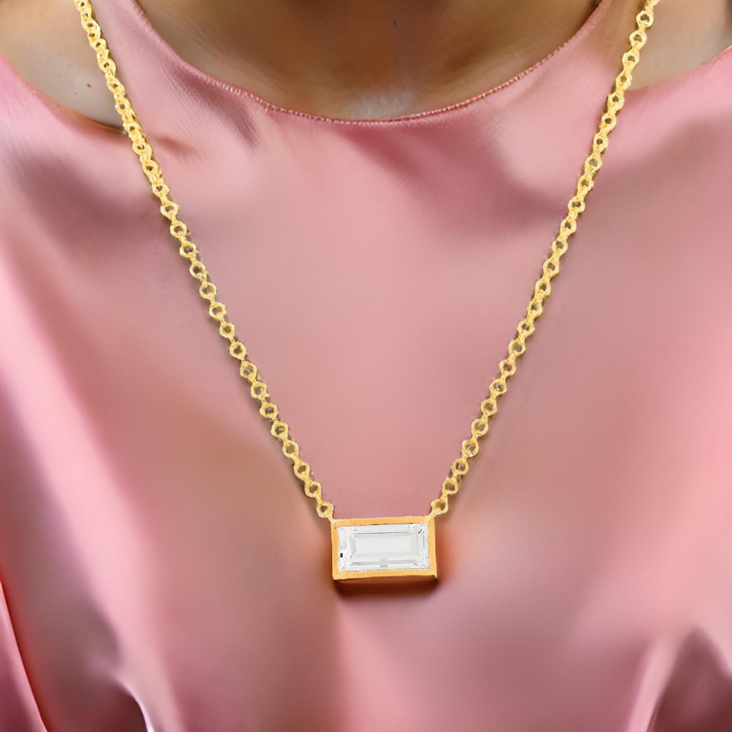 Elegant 1 9/10CTW Emerald-Cut Crystal Necklace for Women in 14K Gold-Plated Silver | Party Jewelry |Perfect Gift for Her and on Any Occasion