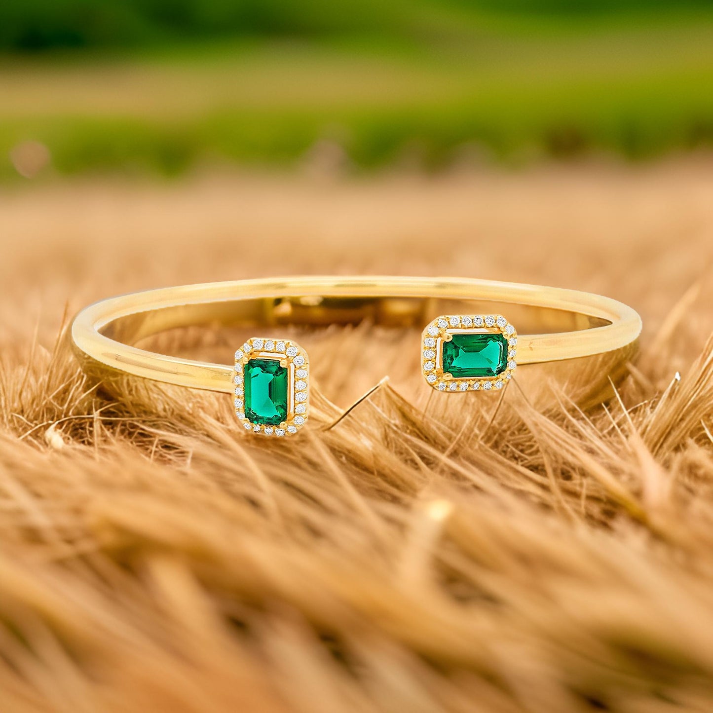 Elegant Green Emerald and Diamond |1CTW Open Bangle | 14K Gold Plated Silver | Perfect Party Wear & Gift for Special Occasions