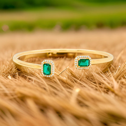 Elegant Green Emerald and Diamond |1CTW Open Bangle | 14K Gold Plated Silver | Perfect Party Wear & Gift for Special Occasions