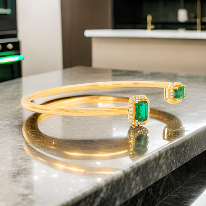 Elegant Green Emerald and Diamond |1CTW Open Bangle | 14K Gold Plated Silver | Perfect Party Wear & Gift for Special Occasions