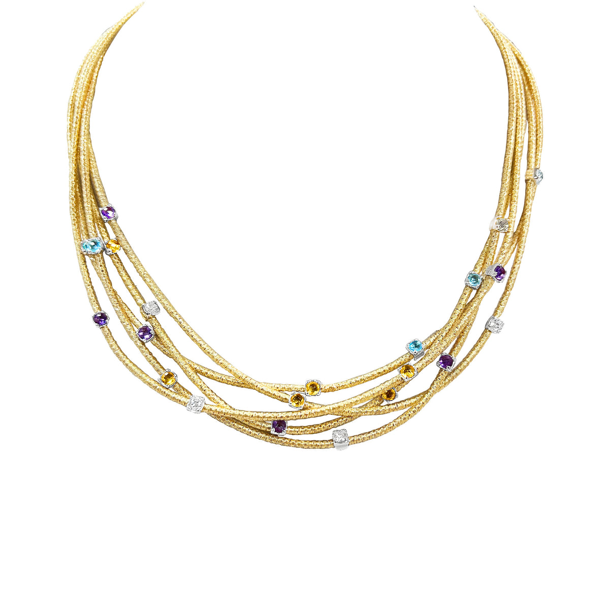 Italian Multilayer 3 3/5CTW Gemstone Necklace for Women |16/18" Adjustable |Topaz, Amethyst, Citrine & Lab-Grown Diamond |14K Gold-Plated