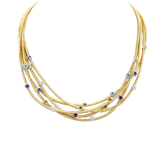 Italian Multilayer 3 3/5CTW Gemstone Necklace for Women |16/18" Adjustable |Topaz, Amethyst, Citrine & Lab-Grown Diamond |14K Gold-Plated