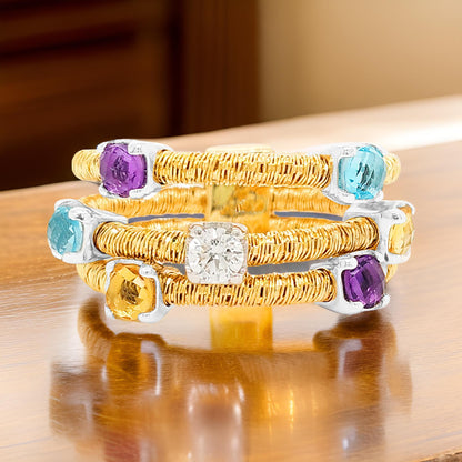 1 1/4 CTW Multilayer Citrine, Amethyst, Topaz, Diamond Italian Ring |14K Gold Plated Silver Jewelry |Elegant PartywearJewelry & Perfect Gift