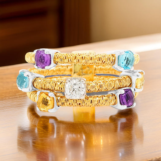 1 1/4 CTW Multilayer Citrine, Amethyst, Topaz, Diamond Italian Ring |14K Gold Plated Silver Jewelry |Elegant PartywearJewelry & Perfect Gift