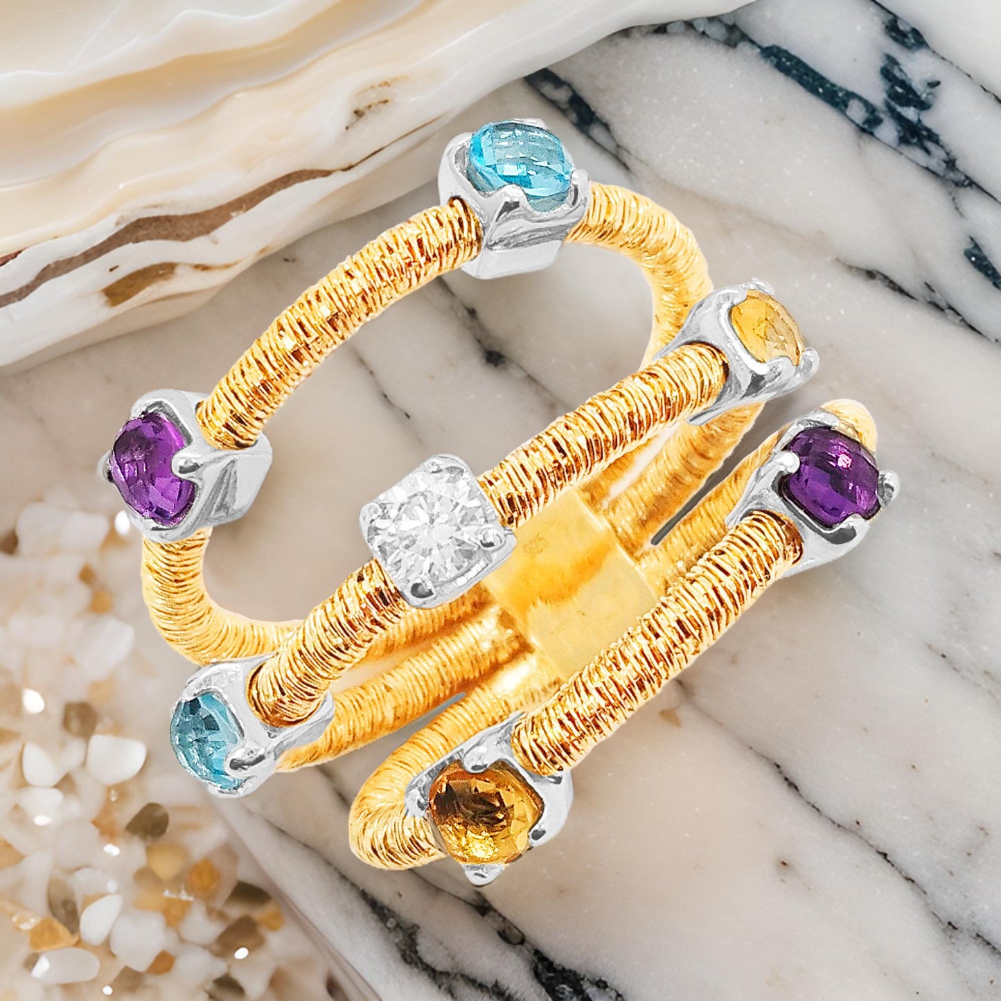 1 1/4 CTW Multilayer Citrine, Amethyst, Topaz, Diamond Italian Ring |14K Gold Plated Silver Jewelry |Elegant PartywearJewelry & Perfect Gift