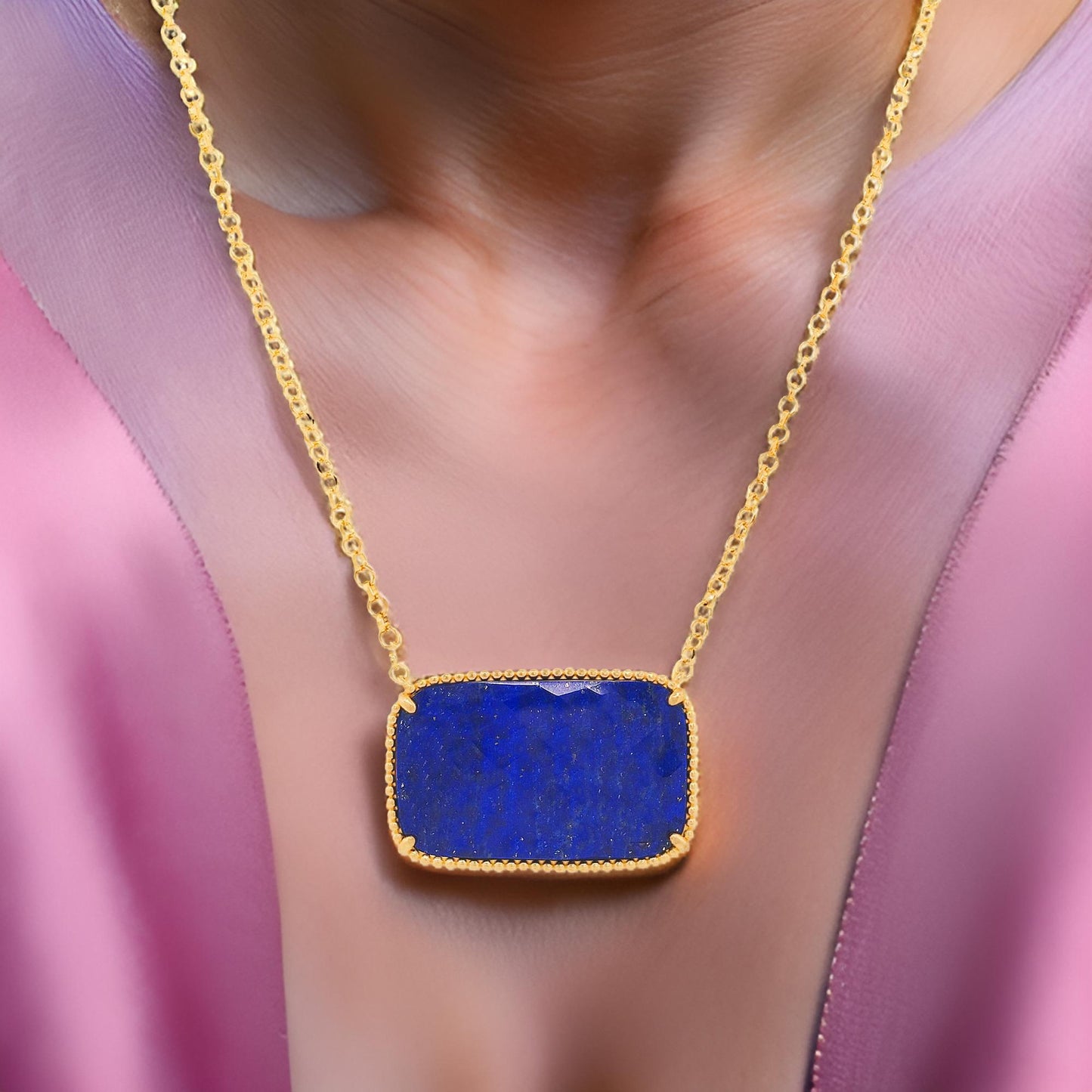 Elegant 17 2/5 CTW Lapis Lazuli Blue Cushion Necklace in 14K Gold Plated Silver | Dainty Chain Necklace | Gift for Women | Partywear Jewelry