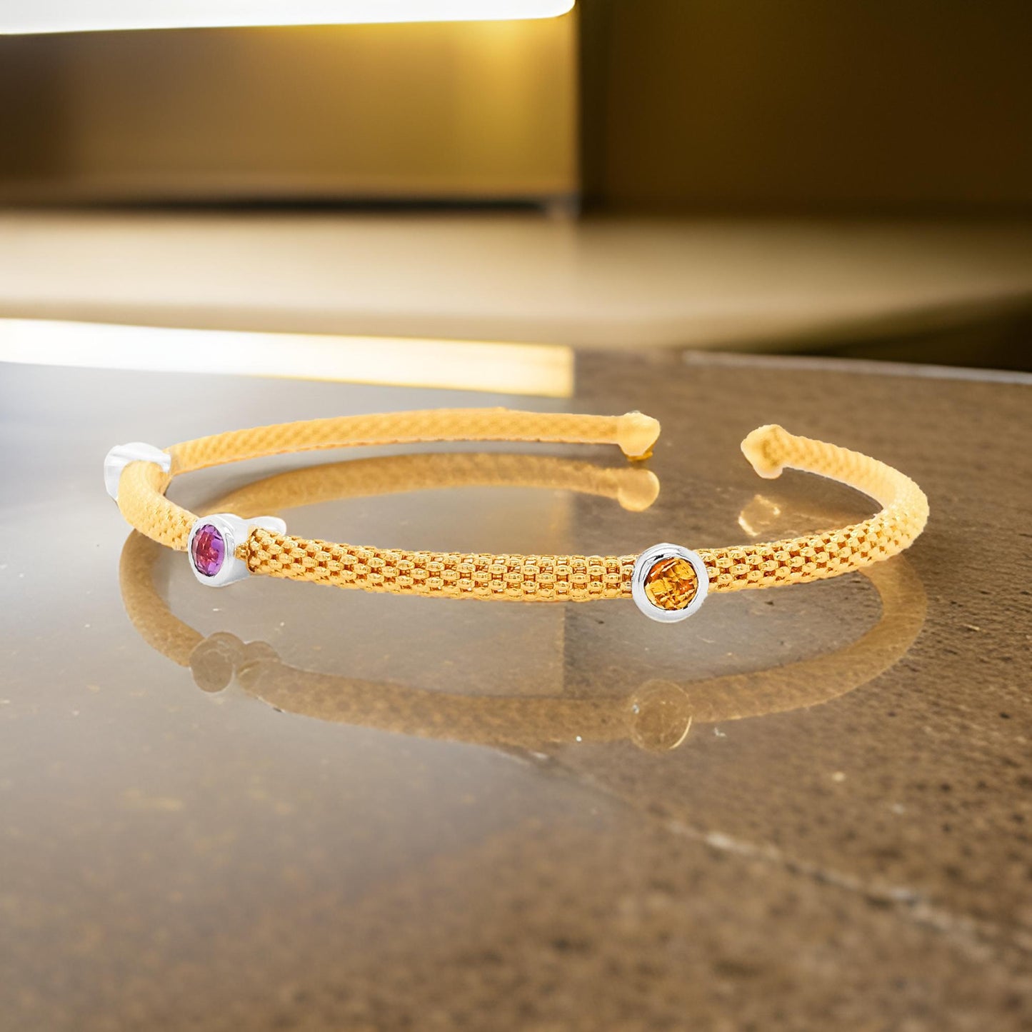 Amazing 1/2CTW Topaz, Citrine, Amethyst Open Women Bangle in 14K Gold Plated Silver |Best Partywear |Perfect Gift on any Occasion