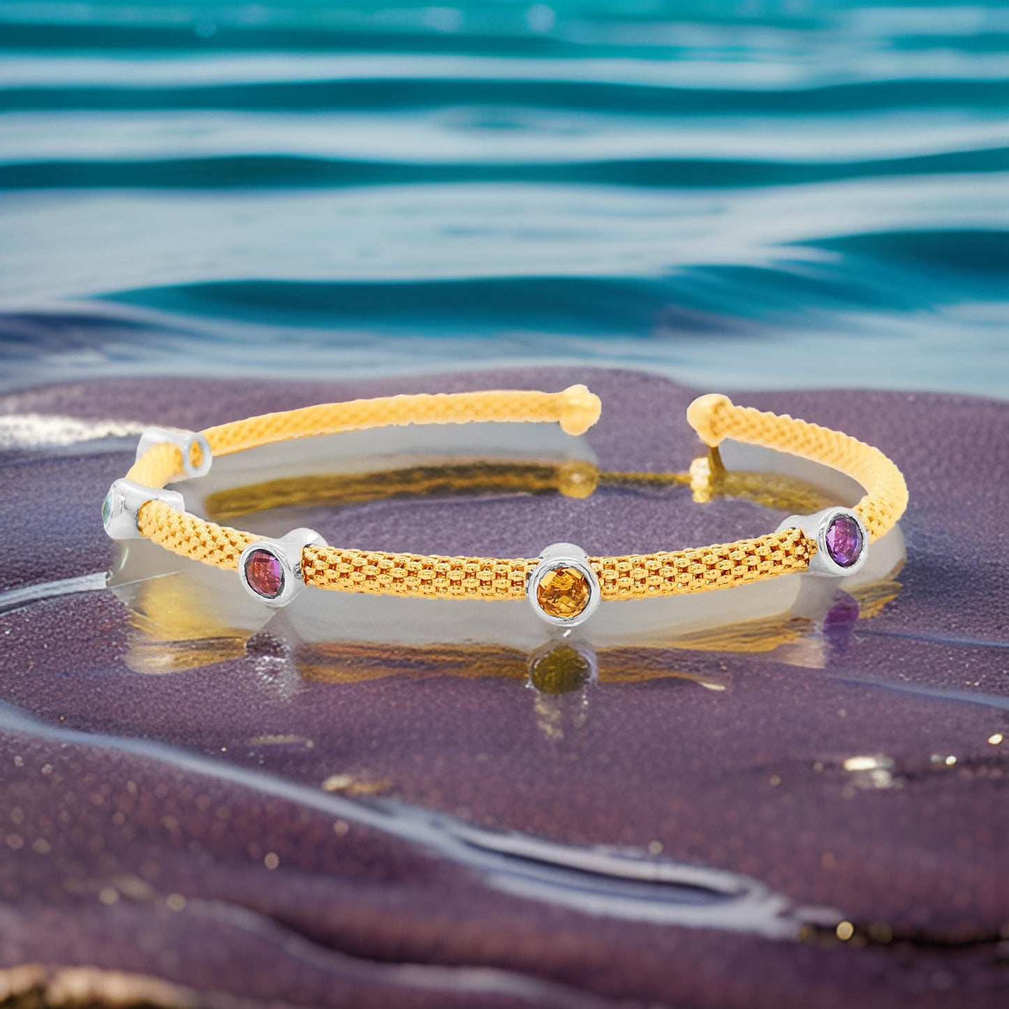 Elegant 4/5CTW Citrine, Amethyst & Topaz Open Bangle in 14K Gold-Plated Silver | Perfect Party Jewelry And Ideal Gift for Any Occasion