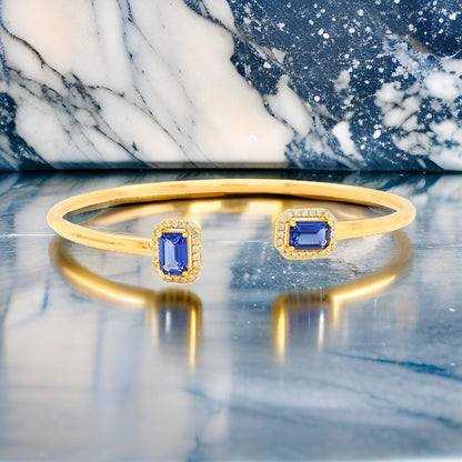 Timeless 1 1/2CTW Blue Sapphire Emerald Cut & Diamond Open Bangle for Women in 14K Gold Plated | Perfect for Party Wear | Ideal Gift