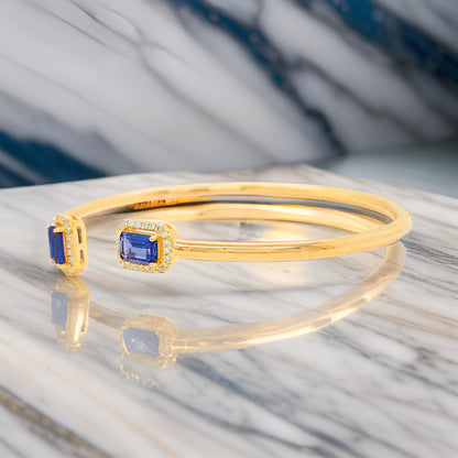 Timeless 1 1/2CTW Blue Sapphire Emerald Cut & Diamond Open Bangle for Women in 14K Gold Plated | Perfect for Party Wear | Ideal Gift