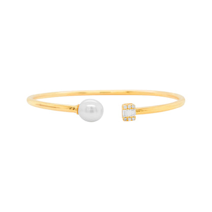 Majestic 1/10CTW Baguette Cut Diamond & 8MM Pearl Open Bangle for Women | Lab Grown Diamonds in 14K Gold Plated Silver | Partywear and Gifts