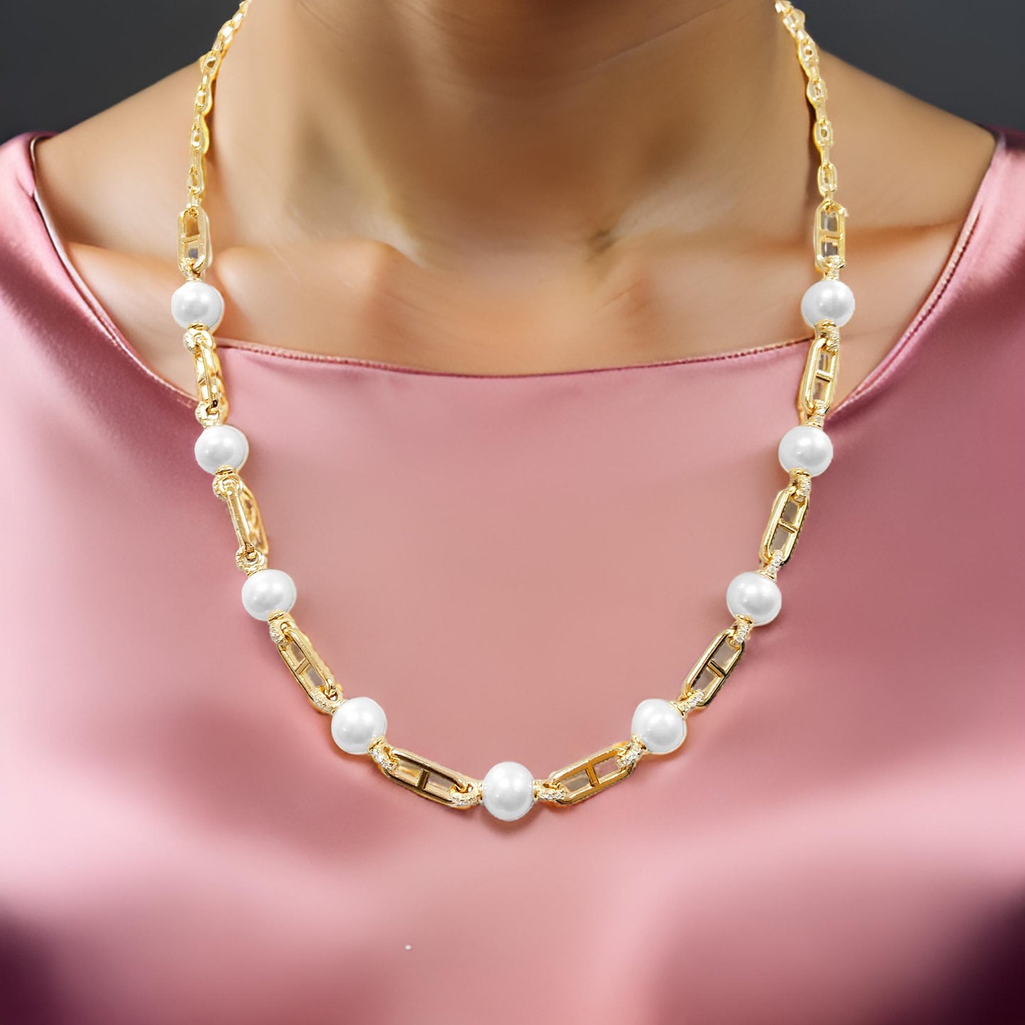 Iconic Diamond & White Pearl Chain Necklace For Women in 14K Gold Plated Silver |Elegant Partywear |Ideal For Gift On Special Occasions