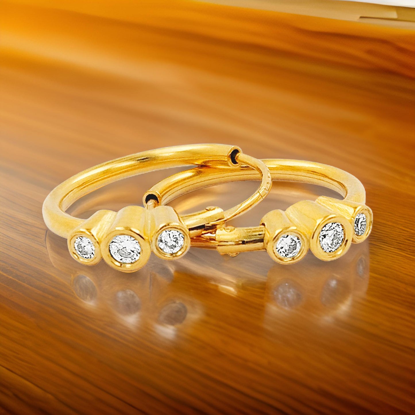 15MM Three Stone Tube Hoop with Diamond in 14K Gold Plated Silver | Best For Daily/Party Wear | Ideal Gift for All Occasions