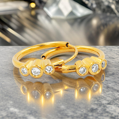 15MM Three Stone Tube Hoop with Diamond in 14K Gold Plated Silver | Best For Daily/Party Wear | Ideal Gift for All Occasions