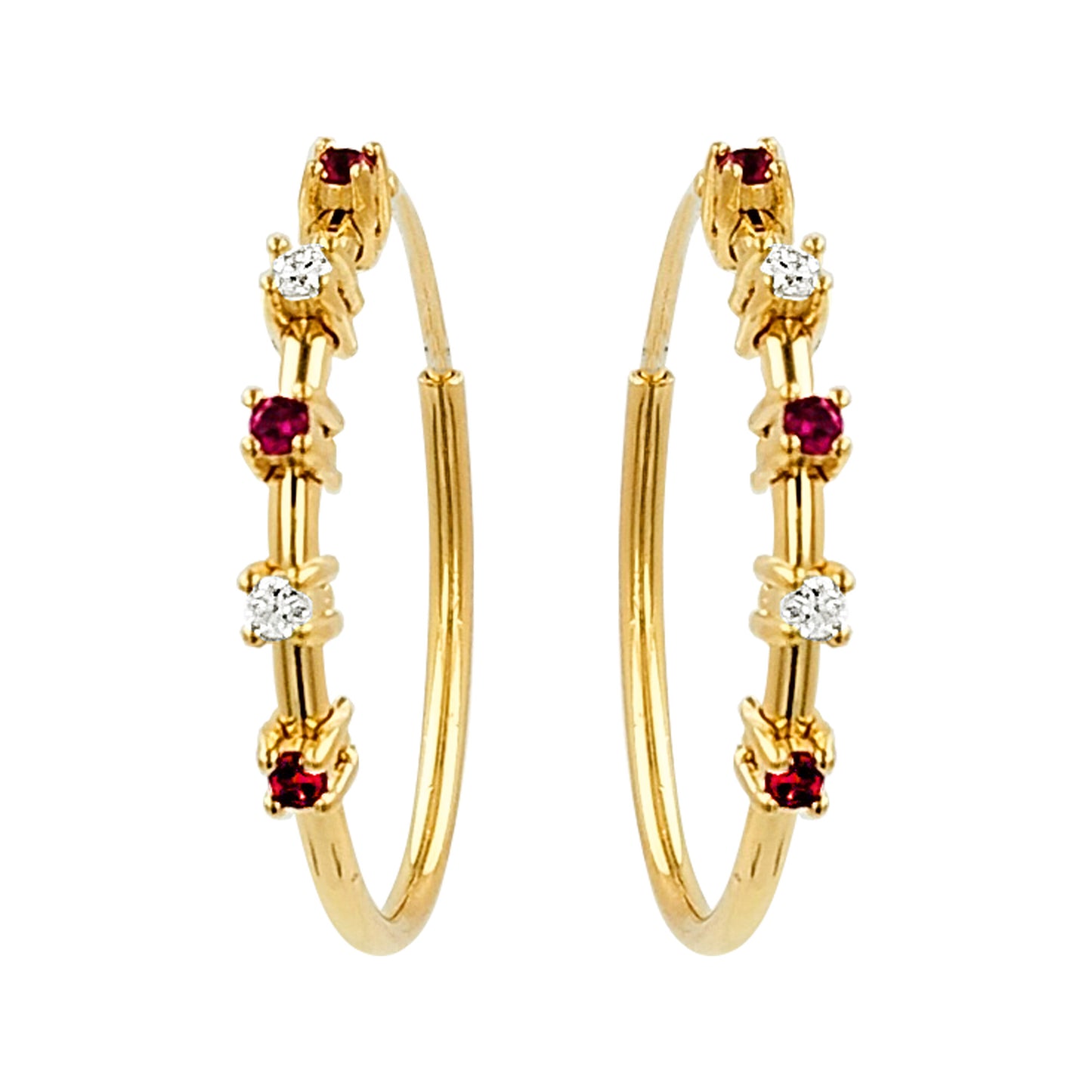 20MM Unisex Red Ruby Tube Hoop Earrings with Diamonds in 14K Gold Plated Silver | Best for Daily & Party Wear | Ideal Gift for Loved Ones