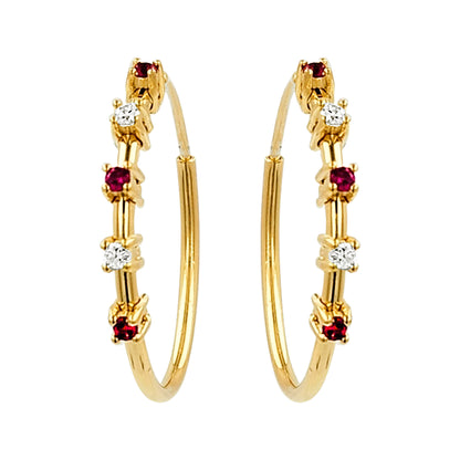 20MM Unisex Red Ruby Tube Hoop Earrings with Diamonds in 14K Gold Plated Silver | Best for Daily & Party Wear | Ideal Gift for Loved Ones