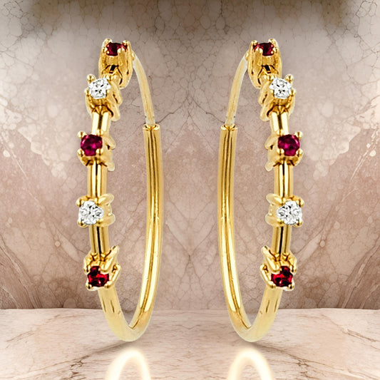 20MM Unisex Red Ruby Tube Hoop Earrings with Diamonds in 14K Gold Plated Silver | Best for Daily & Party Wear | Ideal Gift for Loved Ones