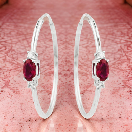 25MM Red Ruby Tube Hoop Earrings with Diamonds in 14K Gold Plated Silver |Elegant Jewelry for Daily & Party Wear |Best Gift for all Occasion