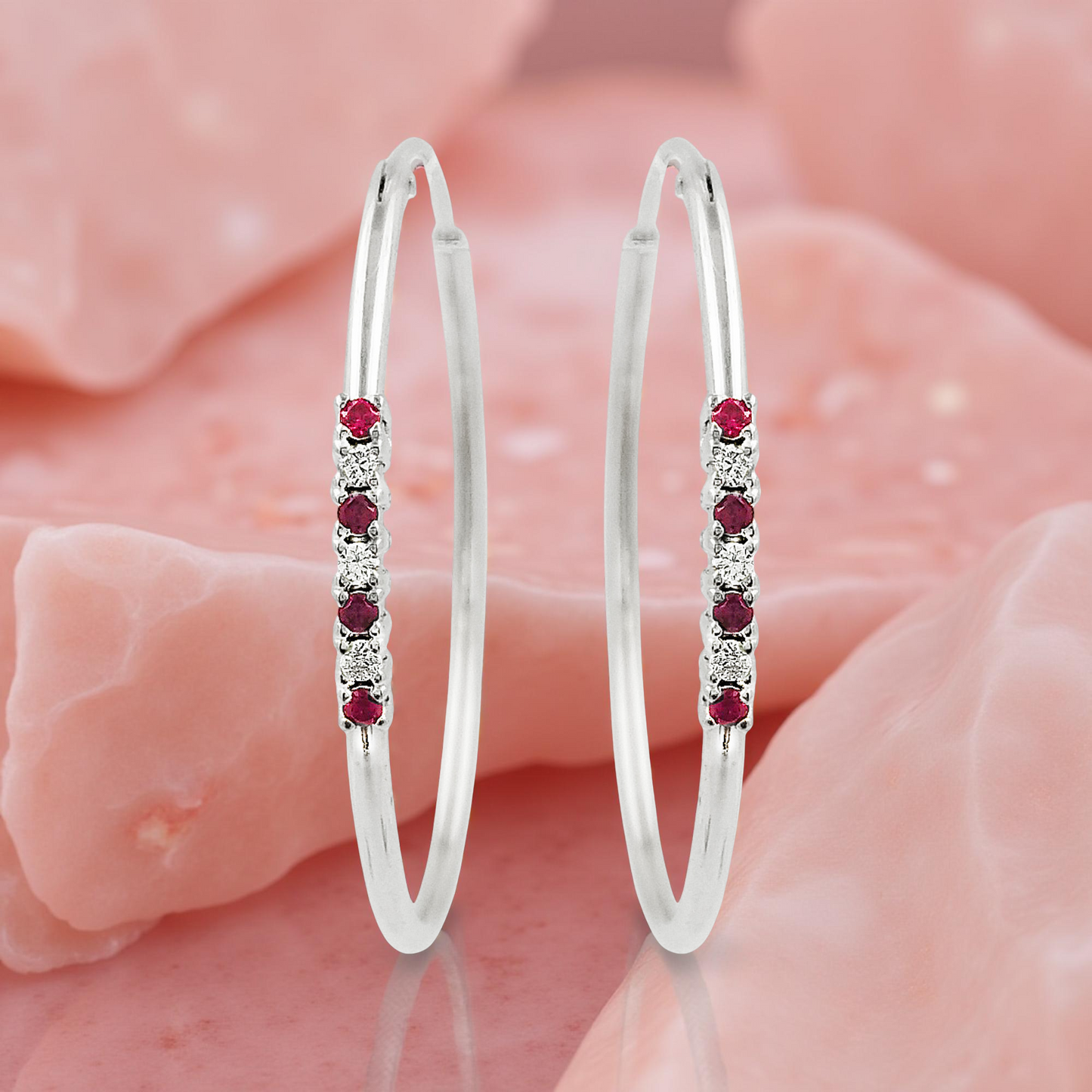 32MM  Red Ruby Tube Hoop Earrings with Diamonds in 14K Gold Plated Silver | Best for Daily & Party Wear | Ideal Gift for Loved Ones