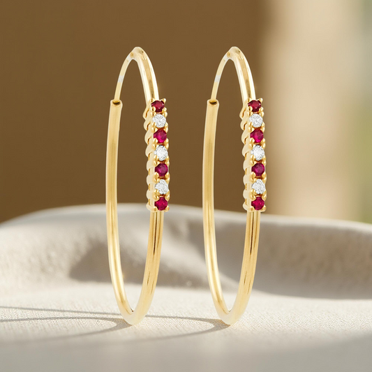 32MM  Red Ruby Tube Hoop Earrings with Diamonds in 14K Gold Plated Silver | Best for Daily & Party Wear | Ideal Gift for Loved Ones