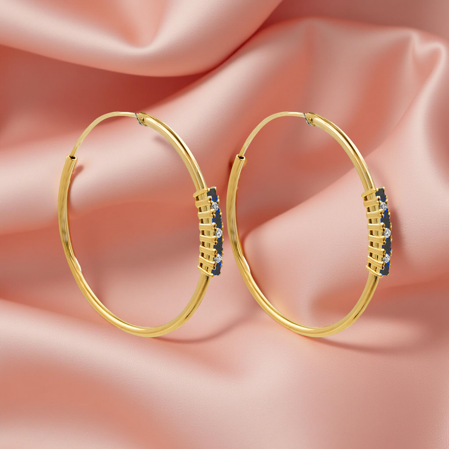 32MM Blue SapphireTube Hoop Earrings with Diamonds in 14K Gold Plated Silver | Best for Daily & Party Wear | Ideal Gift for Loved Ones
