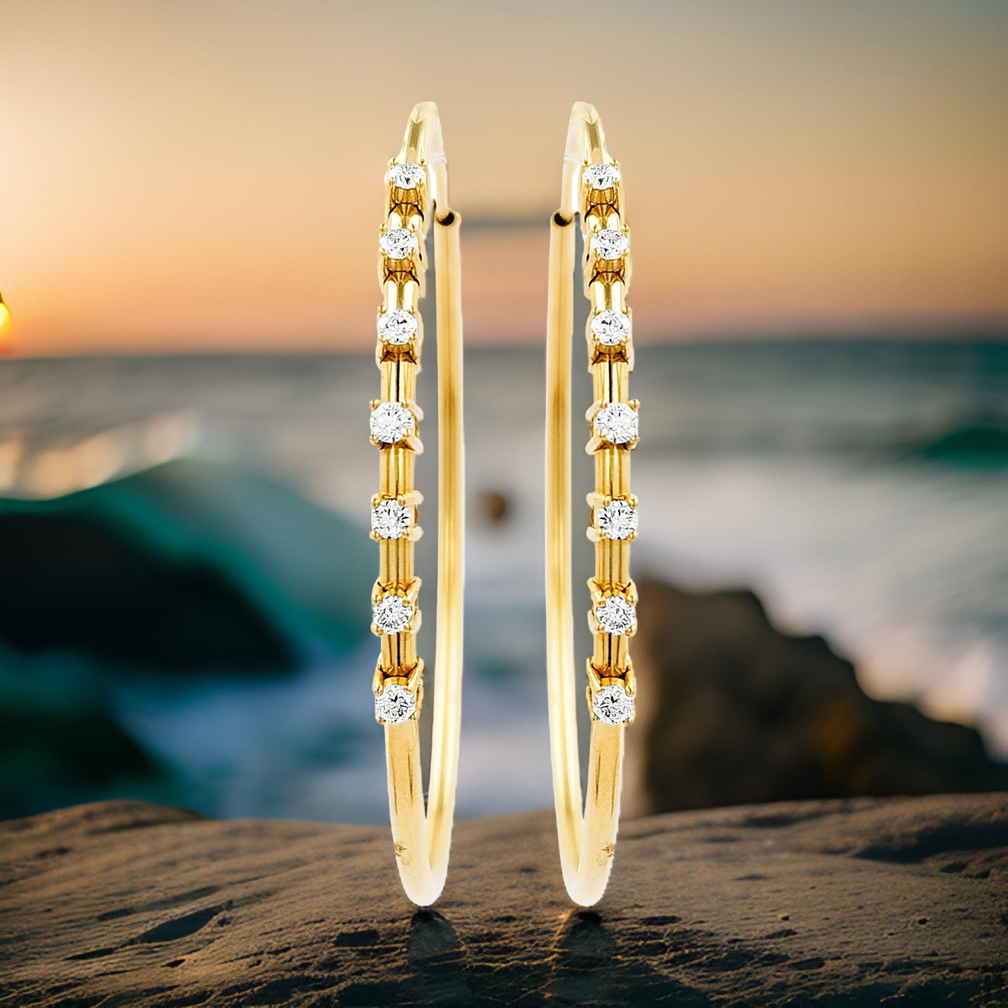 50MM Seven Stone Tube Hoop with Diamonds in 14K Gold Plated Silver | Best For Daily/Party Wear | Ideal Gift for All Occasions