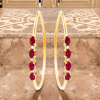 50MM Red Ruby Tube Hoop with Diamonds in 14K Yellow Gold Plated Silver | Perfect For Daily/Party Wear | Ideal Gift for All Occasions