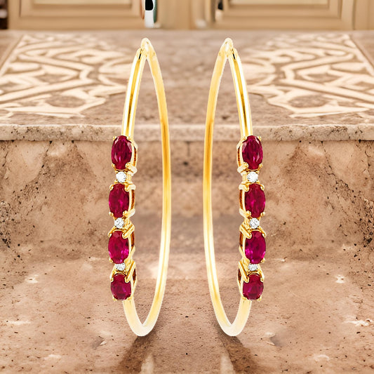 50MM Red Ruby Tube Hoop with Diamonds in 14K Yellow Gold Plated Silver | Perfect For Daily/Party Wear | Ideal Gift for All Occasions