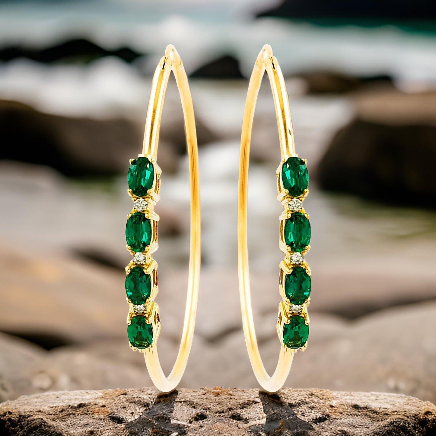 50MM Green Emerald Tube Hoop with Diamonds in 14K Yellow Gold Plated Silver | Perfect For Daily/Party Wear | Ideal Gift for All Occasions