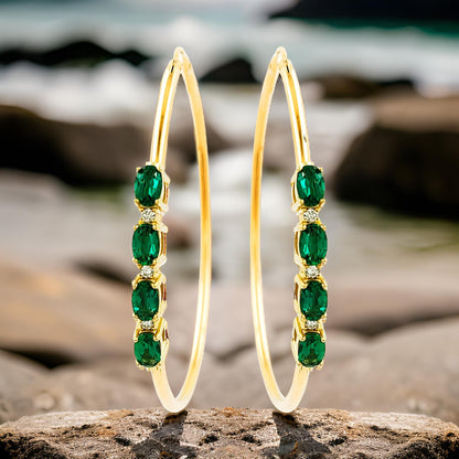 50MM Green Emerald Tube Hoop with Diamonds in 14K Yellow Gold Plated Silver | Perfect For Daily/Party Wear | Ideal Gift for All Occasions